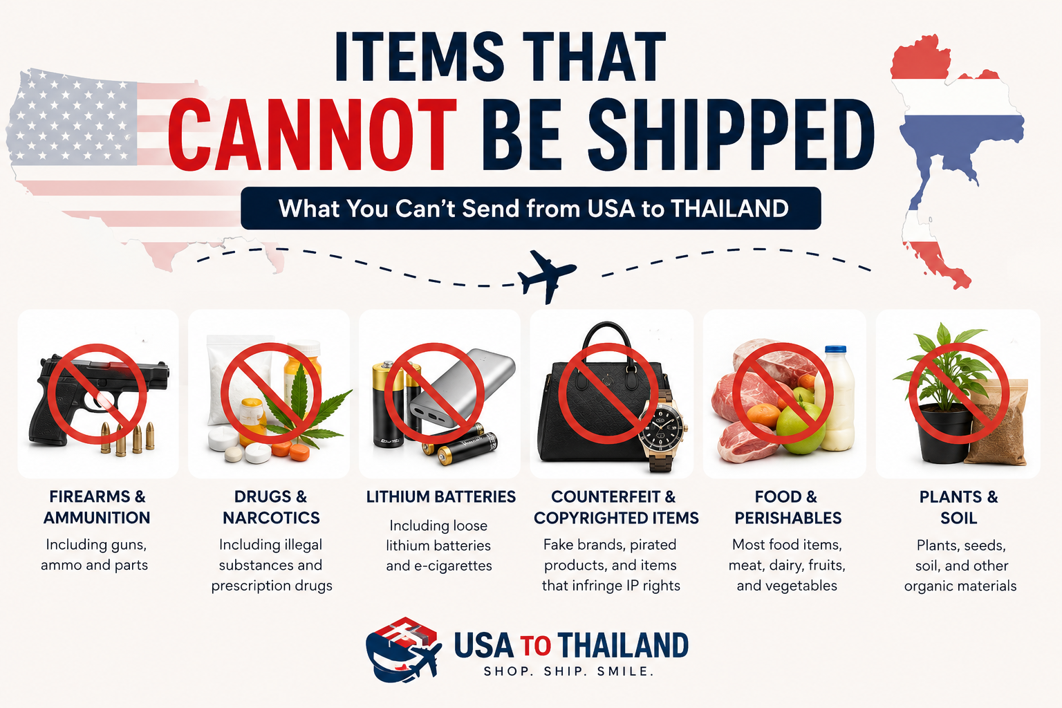 List of prohibited items and restricted goods for international shipping to Thailand customs.